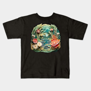 Plants and flowers in a pond made of paper 3d illusion Kids T-Shirt